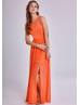 Orange Chiffon Lace Open Back Long Prom Dress